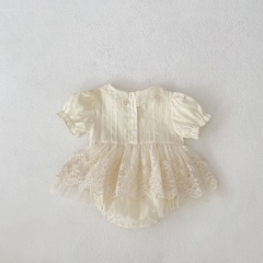 2025 Summer Infant Baby Kids Girls Short Sleeves Floral Embrodiery Pattern Tulle Patchwork Dress Wholesale