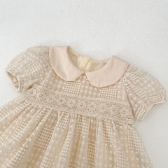 2025 Summer Infant Baby Girls Short Sleeves Solid Color Geometric Pattern Dress Wholesale