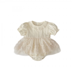 2025 Summer Infant Baby Kids Girls Short Sleeves Floral Embrodiery Pattern Tulle Patchwork Dress Wholesale