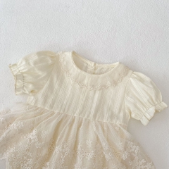 2025 Summer Infant Baby Kids Girls Short Sleeves Floral Embrodiery Pattern Tulle Patchwork Dress Wholesale