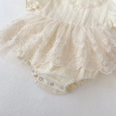 2025 Summer Infant Baby Kids Girls Short Sleeves Floral Embrodiery Pattern Tulle Patchwork Dress Wholesale