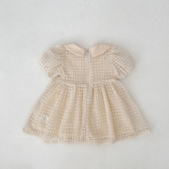 2025 Summer Infant Baby Girls Short Sleeves Solid Color Geometric Pattern Dress Wholesale