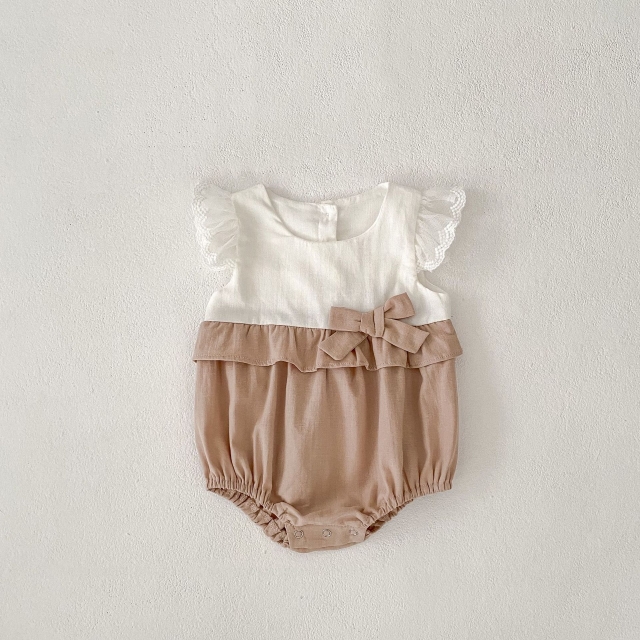 Infant Baby Girls Color Patchwork Fly Sleeves One Piece Bodysuit Onesies in Summer Wholesale