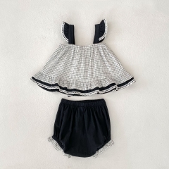 2025 Summer Infant Baby Girls Plaid Pattern Strap Top Dress With Bloomers Sets Wholesale