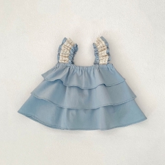 2025 Summer Infant Baby Girls Blue Strap Top Dress With Skirt Sets Wholesale