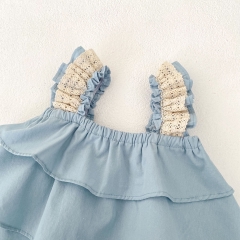 2025 Summer Infant Baby Girls Blue Strap Top Dress With Skirt Sets Wholesale