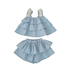 2025 Summer Infant Baby Girls Blue Strap Top Dress With Skirt Sets Wholesale