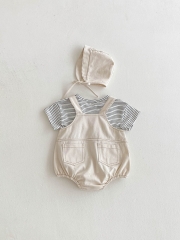 2025 Summer Infant Baby Kids Short Sleeves Striped T-shirt With Denim Onesies Overalls and Hat Sets Wholesale