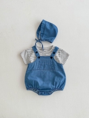 2025 Summer Infant Baby Kids Short Sleeves Striped T-shirt With Denim Onesies Overalls and Hat Sets Wholesale