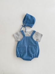 2025 Summer Infant Baby Kids Short Sleeves Striped T-shirt With Denim Onesies Overalls and Hat Sets Wholesale