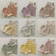 2025 Summer Infant Baby Unisex Color Patchwork Sleeveless Top Vest With Bloomers Sets Wholesale