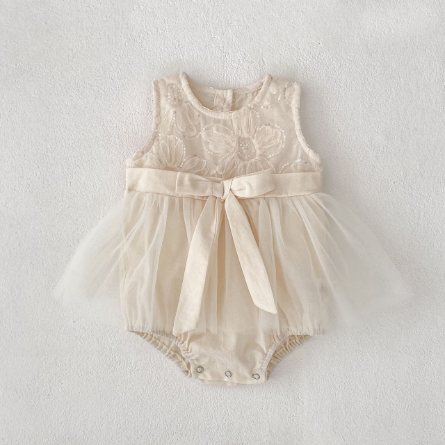 2025 Summer Infant Baby Kids Girls Sleeveless Tulle Patchwork Flowers Pattern Onesies Dress Wholesale