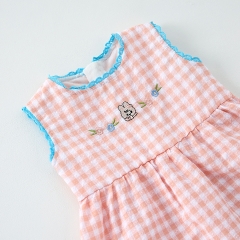 2025 Summer Infant Baby Girls Sleeveless Cartoon Rabbits Pattern Embroidered Plaid Dress Wholesale
