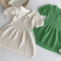 2024 Summer Infant Baby Kids Girls Short Sleeves Knitted Hollow-out Design Dress Wholesale