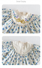 2025 Summer Infant Baby Kids Girls Short Sleeves Butterfly-bow Embroidered Pattern Floral Dress Wholesale