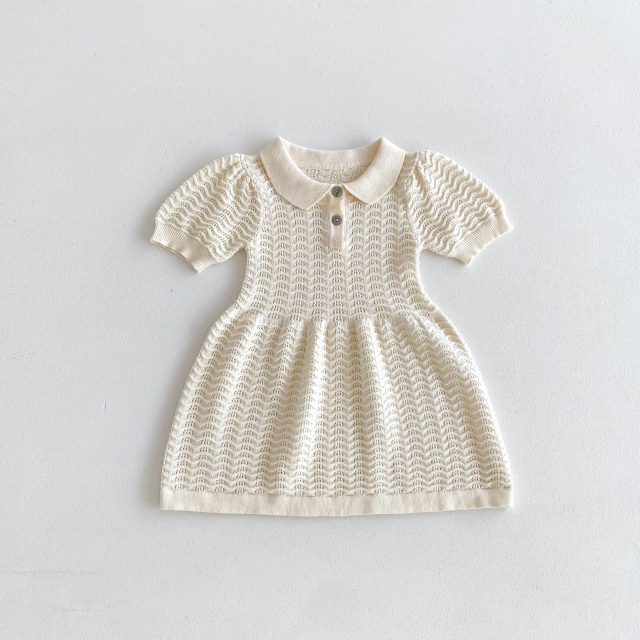 2024 Summer Infant Baby Kids Girls Short Sleeves Knitted Hollow-out Design Dress Wholesale