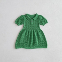 2024 Summer Infant Baby Kids Girls Short Sleeves Knitted Hollow-out Design Dress Wholesale