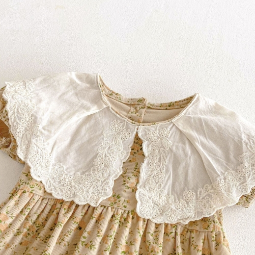 2025 Summer Infant Baby Girls Floral Embroidered Collar Short Sleeves Onesies Bodysuits Wholesale