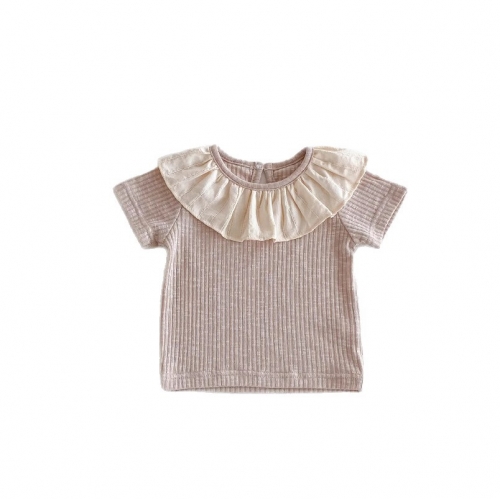 New Arrival Summer Baby Kids Girls Short Sleeves Solid Color Striped Pattern Top for Stylish Girls Wholesale