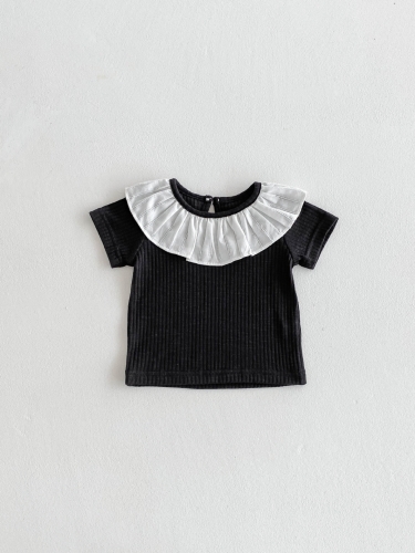 New Arrival Summer Baby Kids Girls Short Sleeves Solid Color Striped Pattern Top for Stylish Girls Wholesale