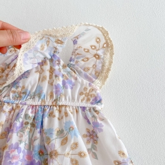 2025 Summer Infant Baby Kids Girls Sleeveless Floral Pattern Dress with Collar Wholesale