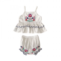 2025 Summer Infant Baby Girls Dots Jacquard and Flowers Embroidered Pattern Sleeveless Top Vest With Bloomers Sets Wholesale