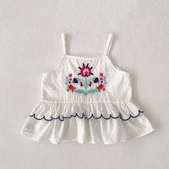2025 Summer Infant Baby Girls Dots Jacquard and Flowers Embroidered Pattern Sleeveless Top Vest With Bloomers Sets Wholesale
