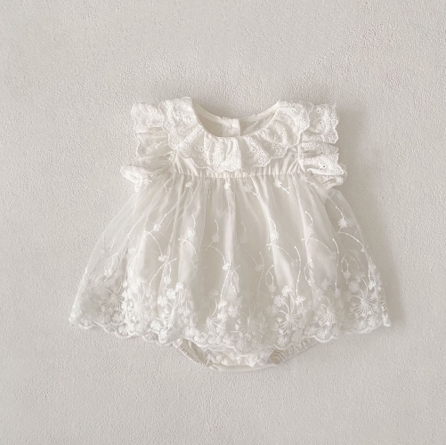 2025 Summer Infant Baby Kids Girls Fly Sleeves Tulle Patchwork Flowers Embroidered Pattern Onesies Wholesale