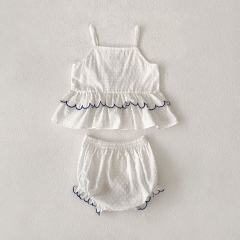 2025 Summer Infant Baby Girls Dots Jacquard and Flowers Embroidered Pattern Sleeveless Top Vest With Bloomers Sets Wholesale