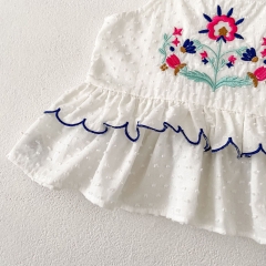 2025 Summer Infant Baby Girls Dots Jacquard and Flowers Embroidered Pattern Sleeveless Top Vest With Bloomers Sets Wholesale