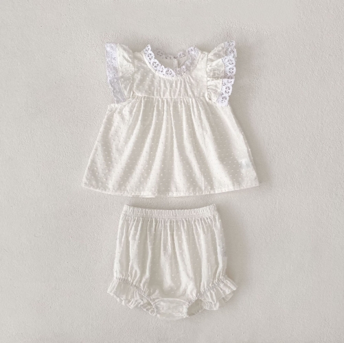 2025 Summer Infant Baby Girls Solid Color Dots Jacquard Pattern Fly Sleeves Top Vest With Shorts Sets Wholesale