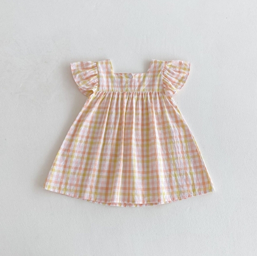 2025 Summer Infant Baby Girls Cartoon Ducks Pattern Fly Sleeves Plaid Dress Wholesale