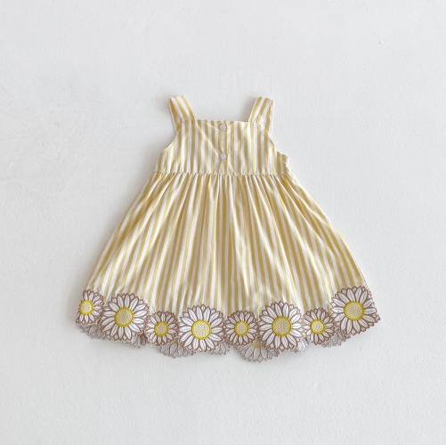 2025 Summer Infant Baby Girls Flowers Embroidered Pattern Sleeveless Striped Dress Wholesale