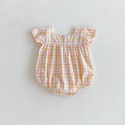 2025 Summer Infant Baby Girls Cartoon Ducks Pattern Fly Sleeves Plaid Onesies Bodysuits Wholesale