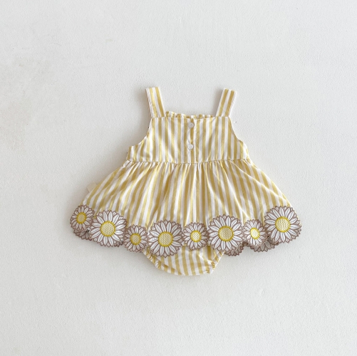 2025 Summer Infant Baby Girls Flowers Embroidered Pattern Sleeveless Striped Onesies Bodysuits Wholesale