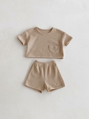 2025 Summer Infant Baby Solid Color Plain Short Sleeves Waffle Grid T-shirt With Shorts Sets Wholesale