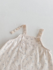 2025 Summer Infant Baby Girls Short Sleeves Blue Top Shirt With Floral Overalls Dress Sets Wholesale