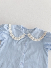 2025 Summer Infant Baby Girls Short Sleeves Blue Top Shirt With Floral Overalls Dress Sets Wholesale