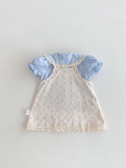 2025 Summer Infant Baby Girls Short Sleeves Blue Top Shirt With Floral Overalls Dress Sets Wholesale