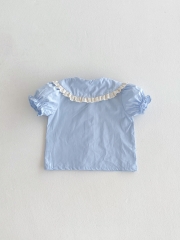 2025 Summer Infant Baby Girls Short Sleeves Blue Top Shirt With Floral Overalls Dress Sets Wholesale
