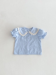 2025 Summer Infant Baby Girls Short Sleeves Blue Top Shirt With Floral Overalls Dress Sets Wholesale