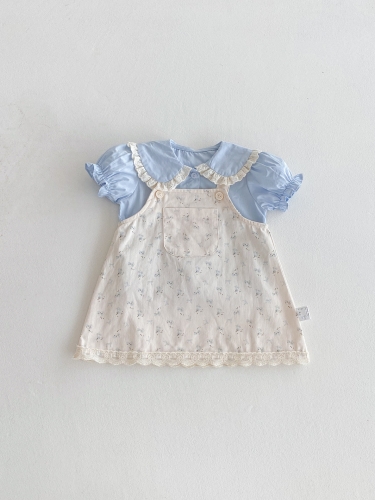 2025 Summer Infant Baby Girls Short Sleeves Blue Top Shirt With Floral Overalls Dress Sets Wholesale