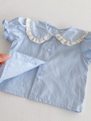 2025 Summer Infant Baby Girls Short Sleeves Blue Top Shirt With Floral Overalls Dress Sets Wholesale