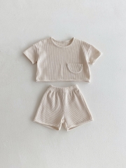 2025 Summer Infant Baby Solid Color Plain Short Sleeves Waffle Grid T-shirt With Shorts Sets Wholesale