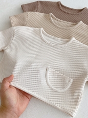 2025 Summer Infant Baby Solid Color Plain Short Sleeves Waffle Grid T-shirt With Shorts Sets Wholesale