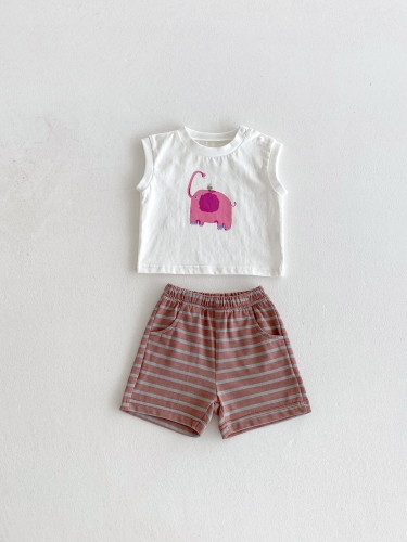 2025 Summer Infant Baby Cartoon Printed Sleeveless Cute Vest With Striped Shorts Sets Wholesale