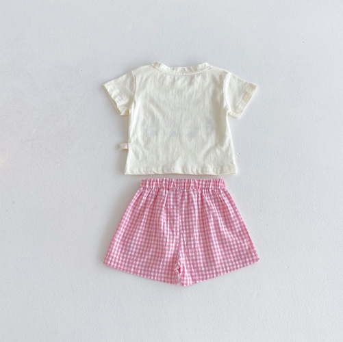 2025 Summer Infant Baby Cartoon Printed Short Sleeves Cute T-shirt With Plaid Shorts Sets Wholesale