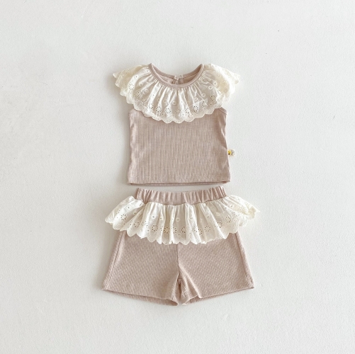 2025 Summer Infant Baby Girls Lace Tirm Sleeveless Cute Vest With Shorts Sets Wholesale