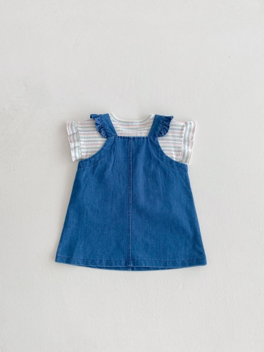 2025 Summer Infant Baby Girls Short Sleeves Striped Top T-Shirt With Denim Overalls Dress Sets Wholesale