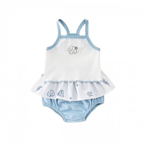 2025 Summer Infant Baby Girls Color Patchwork Shells Pattern Sleeveless Top With Bloomers Sets Wholesale